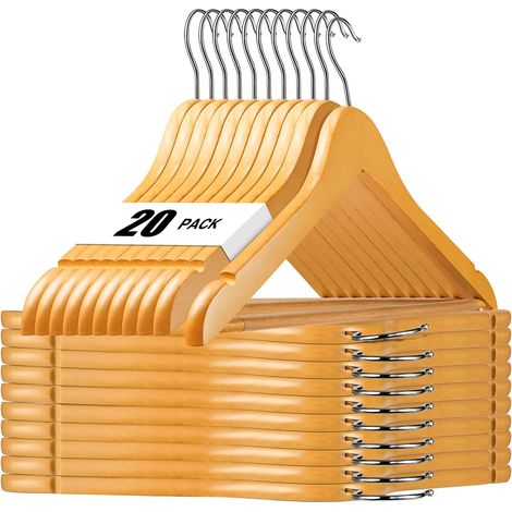 Cintres en Bois Naturel Lot de 20 - Crochets Pivotants Chromés Anti-Dérapants Robustes pour Vestes, Robes, Costumes, Usage Domicile (1/3)