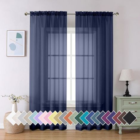 Ensemble de 2 rideaux transparents bleu marine, respirants et doux au toucher, pour salon/chambre, avec passe-tringle (1/5)
