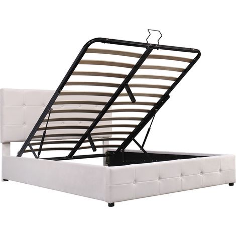 Lit coffre 140x200 cm en velours crème avec tête de lit réglable, sommier à lattes métal, ouverture hydraulique (1/5)