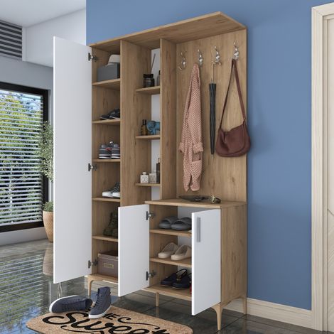 Mueble de Entrada Priero, Espejo Incluido, Perchero, 11 Estantes, 120x38x199h cm Blanco (1/5)
