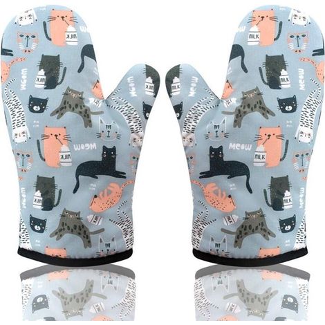 Lot de 2 gants de cuisine résistants à la chaleur avec imprimé chat, maniques en polyester avec doublure douce, pour pâtisserie et cuisine, bleu et multicolore (1/5)