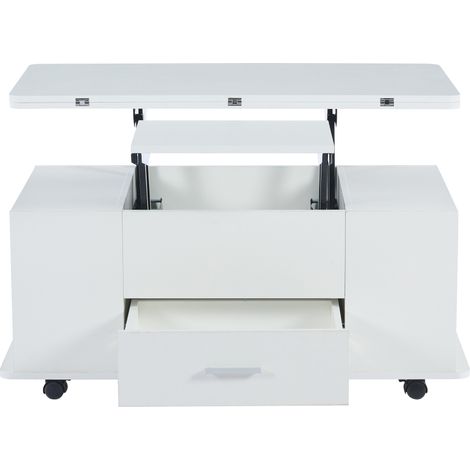 Table basse blanche multifonctions avec 4 tabourets et plateau relevable 100x50 cm (1/5)