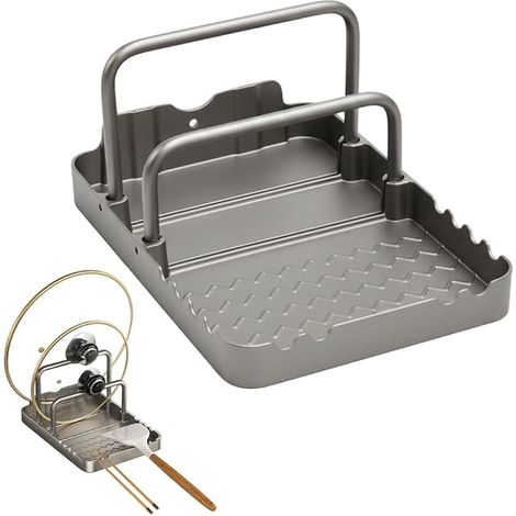 Rangement Couvercle de Casseroles, Support Board Découper avec Repose-cuillère, Organiseur Poêle 2 Compartiments, Porte Cuisine Antidérapant Plaque Cuisson, Barbecue (1/5)