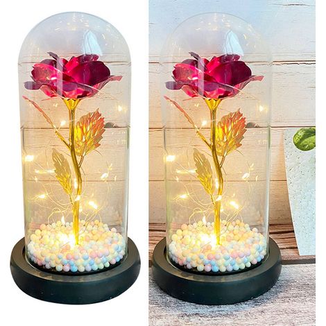 Lampe LED à fleurs préservées sous dôme de verre, ambiance exquise et romantique  lampe à fleurs éternelles en feuille d'aluminium sous dôme de verre, cadeau idéal pour une petite amie/épouse  roses r