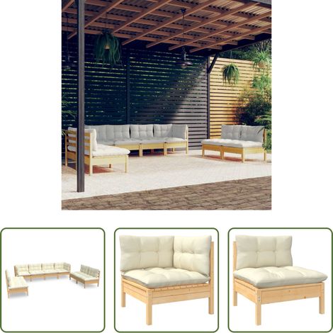 Terrassensofa - 8-tlg. Garten-Lounge-Set mit Creme Kissen Massivholz Kiefer (1/5)