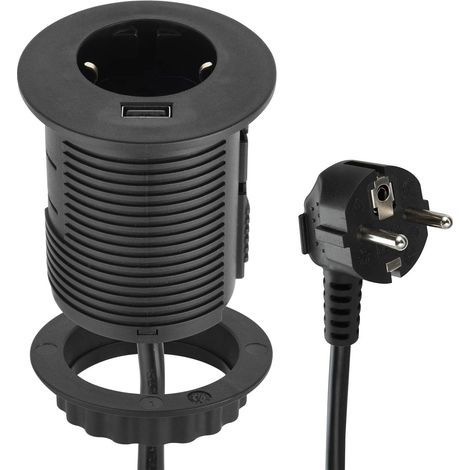 Prise de table Grommet : prise encastrable de table avec USB Fast Charge 2.A & passe-câbles standard, Ø 60 mm (prise encastrée sur table Schuko), câble 2 m (1/5)