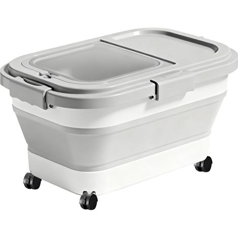 Boîte de stockage riz pliable 10kg en plastique silicone hermétique pour céréales farine sucre nourriture chien chat avec roulettes grise (1/5)
