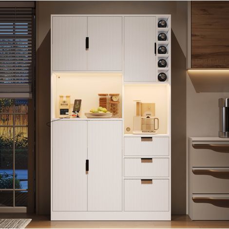 Buffet cuisine 105x40x180 cm en bois blanc, avec rangement, LED, salon FloraGrace (1/5)
