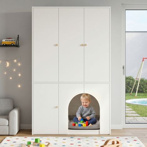 Armoire 3 portes 120x50x200cm avec tringle à vêtements,étagères et niche pour animaux,rangement multifonction pour chambre,MDF blanc (1/5)