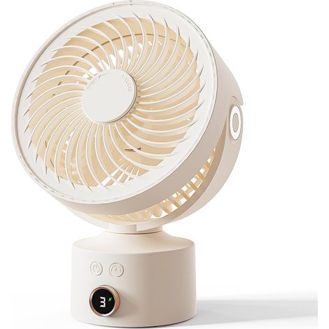 Ventilateur de bureau oscillant silencieux 23 cm 3 vitesses, minuterie 4 h, batterie rechargeable 4000 mAh – Bureau/Dortoir/Chambre (Beige) (1/5)