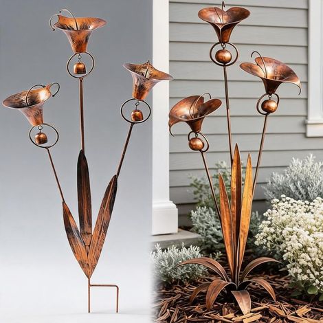 Piquet de jardin en fer forgé forme lys calla, finition cuivre flammé, carillon (1 pièce)