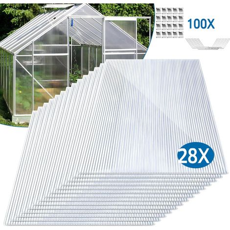 Jiubiaz 28 plaques alvéolaires en polycarbonate 4 mm, transparentes, 60,5 x 121 cm, 20,5 m², avec 100 clips W et 100 clips Z (1/5)
