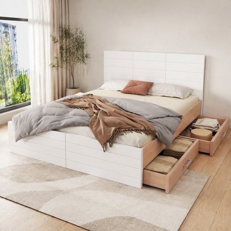 MEUBLIV Lit 160x200 cm blanc et chene clair - 2 tiroirs, sans matelas (1/5)