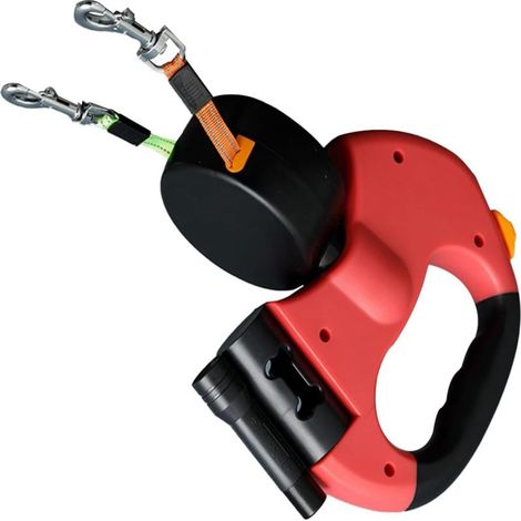 Laisse double rétractable Irovami - 3 mètres, anti-nœuds 360°, nylon réfléchissant, LED intégrée, pour petits chiens (Poméranien, Teddy), rouge (1/5)