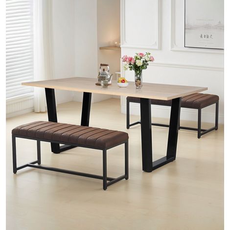 Hallowood Furniture Dudley Dining Table and Bench Set of 2, 150cm Rectangular Kitchen Table with 2 Brown Leather Effect Benches, Modern Dining Room Sets, Home and Kitchen Furniture (1/5)