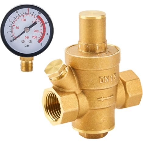 Réducteur de pression d'eau DN15 réglable en laiton avec manomètre, pour usage domestique (1 pièce). (1/5)