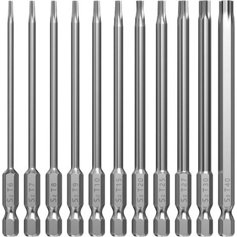 Lot de 11 embouts Torx longs, 100 mm, extra longs, magnétiques, embouts longs, jeu de tournevis hexagonaux, T6, T7, T8, T9, T10, T15, T20, T25, T27, T30, T40, 1/4" tige hexagonale (1/5)