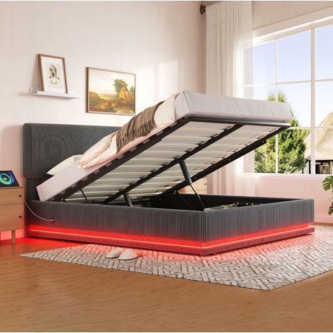 REDOM - Cama con almacenaje 140x200 con LED y puertos USB C, en pana gris oscuro (Sin colchón) (1/5)