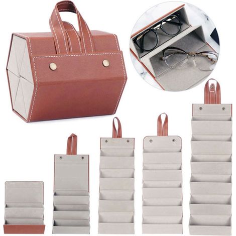 Boîte à lunettes de soleil pliable et portable en cuir PU noir à plusieurs compartiments (5 compartiments). (1/5)