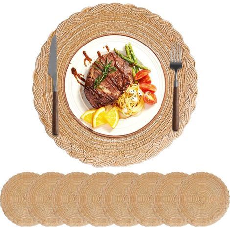Set di 8 tovagliette rotonde, lavabili, intrecciate, resistenti al calore, stile bohémien (8 a righe floreali, color kaki) (1/5)