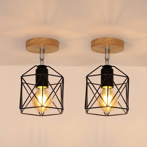 Lot de 2 Plafonnier Industriel, Abat-jour en Métal et Bois E27 Vintage Lustre, Suspension Luminaire Rétro Pour Couloir Cuisine Chambre Salon, Ø14cm (1/5)