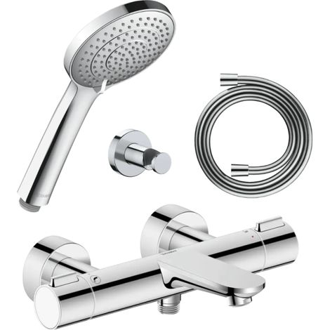 Conjunto de mezclador termostático para bañera/ducha DURAVIT Wave + cabezal de ducha universal 3 chorros + manguera de 160 cm + soporte cromo pulido (1/5)