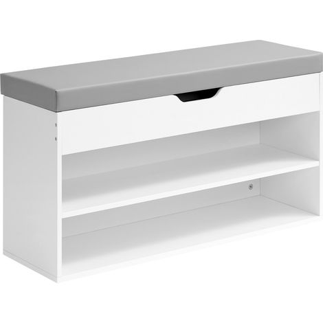 Banc d’Entrée Rembourré, 3 Compartiments, pour Salon ou Chambre, Assise Confortable, Blanc et Gris (1/5)