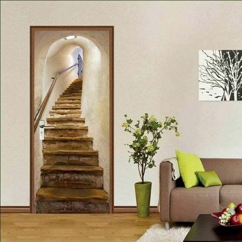Stickers muraux pour porte, décoration intérieure 3D pour chambre, effet trompe-l'œil, style vintage, poster pour escalier, salle de bain pour adultes et enfants, 77 x 200 cm (1/4)