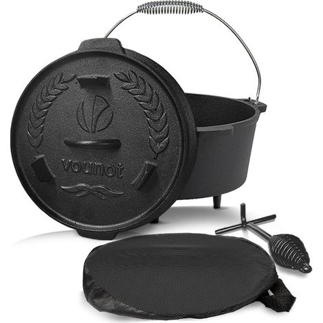 VOUNOT Olla Horno Holandés 4,25L Cacerola Hierro Fundido con Patas, Dutch Oven con Elevador de Tapa, Bolsa de Almacenar, para Barbacoa, Cocción y Horneado (1/6)