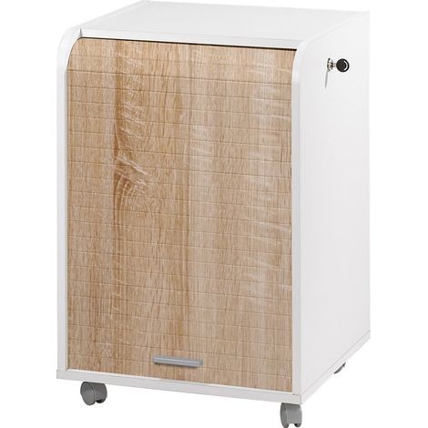 Caisson à rideau sur roulettes 2 tiroirs blanc et bois clair Orga 70cm (1/4)