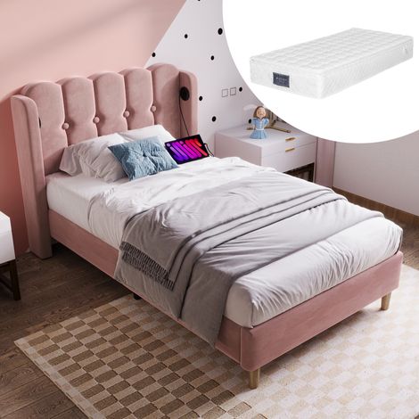 Jugendbett 90x200 cm rosa aus Samt mit USB-C Ladefunktion und gepolstertem Kopfteil (1/5)