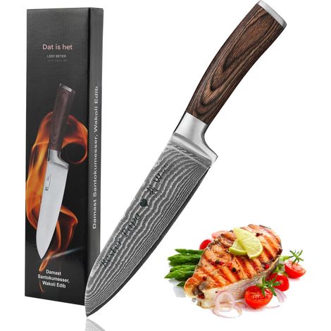 Couteau Santoku TuseRxln - Couteau de chef - Lame de 17 cm en acier damassé 67 plis avec âme en VG10 - 1 pièce - Convient aux gauchers et aux droitiers - Marron (1/5)