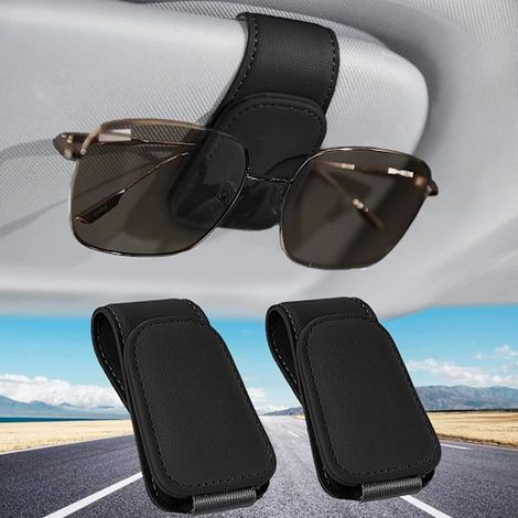 Porte-lunettes de soleil pour voiture, lot de 2, porte-lunettes de soleil magnétiques universels en cuir pour pare-soleil de voiture (noir) (1/5)