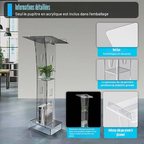 Pupitre de conférencier en acrylique transparent LED acrylique avec plateforme de lecture verticale - Bureau debout - Podium pour discours (1/5)