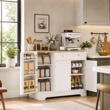 Buffet cuisine, meuble de rangement avec 3 portes, tiroir, étagères de porte et étagère réglable, 105x40x83cm, blanc (1/5)