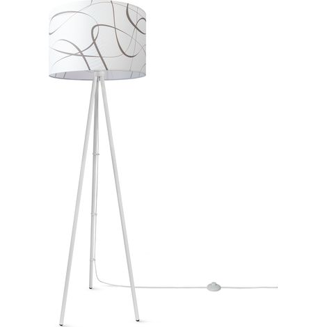 Paco Home Stehlampe Wohnzimmer Lampenschirm Stoff Stehleuchte Leselampe Abstrakt Vintage Design 3 (Ø45,5 cm), Stehleuchte Dreinbein - Weiß