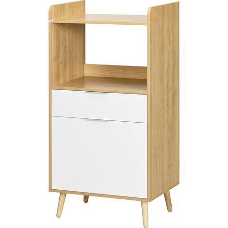 Chariot de cuisine pour micro-ondes avec placard, tiroir et étagère réglable, 58 x 40 x 118 cm, naturel et blanc