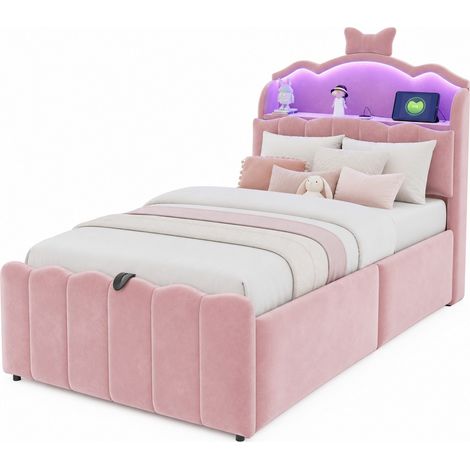 Lit enfant 90 x 200 cm en velours rose avec rangement hydraulique, tête de lit LED à couleur variable, USB/USB-C et niche ouverte - CHICFURN (1/5)