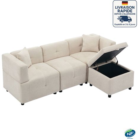 Divani angolare 3 posti 204x126x69 cm, pouf contenitore, 2 cuscini inclusi, tessuto ciniglia, beige (1/5)