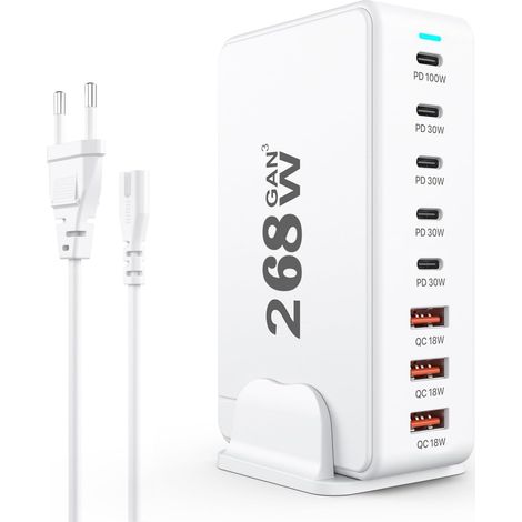 Chargeur USB c, Station de Charge de 268 W, PD Charge Rapide, Station de Charge 8 Ports, Chargeur Secteur USB C, Compatible avec iPhone/Samsung/Google/Tablette/MacBook Pro/MacBook Air- Blanc,EU (1/5)
