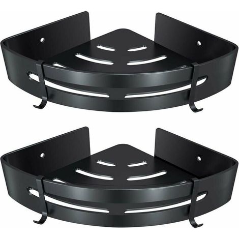 Etagère d'angle de Salle de Bain, Etagère de Douche sans Perçage Aluminium Adhésifs Panier de Rangement Douche pour Shampoing Savon Serviette, avec Crochets (Triangle, Noir, 2 Pièces) (1/5)