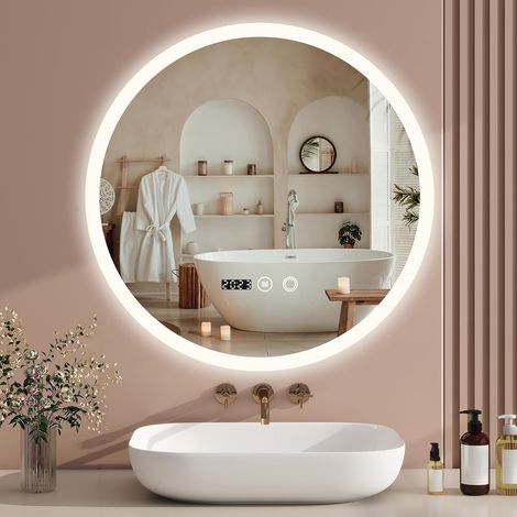 Miroir de Salle de Bain LED Rond 50 cm avec éclairage, 3 Couleurs de lumière réglables, Miroir Mural avec Interrupteur Tactile, Anti-buée, Fonction minuterie IP44