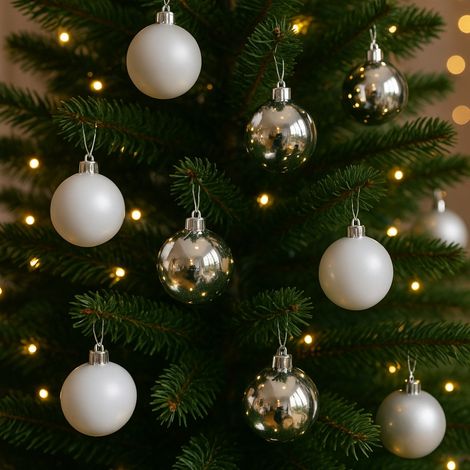 Pack de 24 Boules Polaires 60 mm Blanc/Argent – Décorations de Noël Prêtes à Suspendre pour Sapin, Table Festive (1/5)