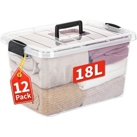 18L12 Boîte de rangement en plastique avec poignées, Conteneur de rangement, adaptée à la maison et au bureau, facile à transporter, ultra-transparente, 18L - lot de 12 (1/5)