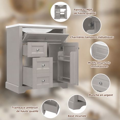 Meuble vasque gris sur pied en MDF avec lavabo en céramique, tiroirs Soft-Close et rangement réglable pour salle de bain et WC (1/5)