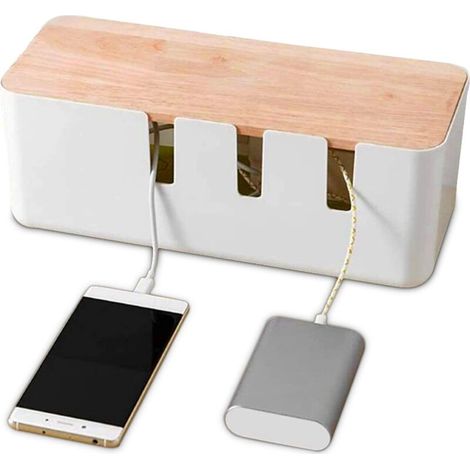HERCHR Kabelmanagementbox 30,3 x 12,5 x 11,5 cm, Kabelorganizer mit Holzdeckel für Computer, Fernseher, Steckdosenleiste und Ladegerät