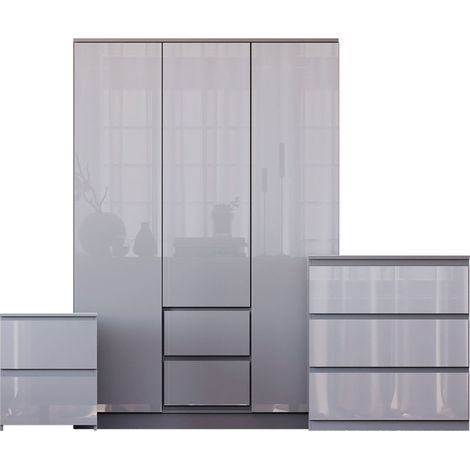 Glinton 3 Piece Bedroom Set (2 Drw Bedside, 3 Drw Chest, 3 Door 2 Drw Wardrobe), Grey (100% FSC) (1/4)