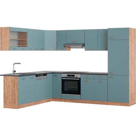 Cuisine en angle R-Line, Bleu-gris/chêne doré, 227 x 287 cm , PT Anthracite, Vicco