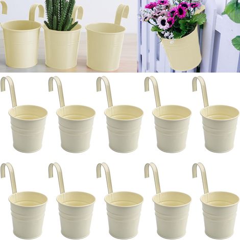 Lot de 10 pots ronds en métal à suspendre, 10,2 cm, crochets amovibles, trous de drainage, petits pots pour balustrade, clôture, balcon, jardin, terrasse (1/5)