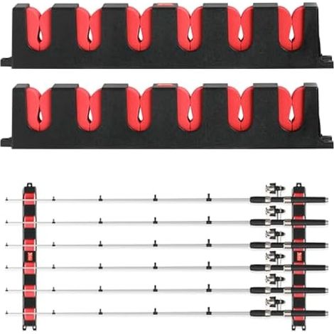 Support De Canne A Peche Horizontal - Support Mural Pour Canne A Peche - Jusqu A 6 Cannes - 13 6 Pouces - Rouge - Lot De 2 (1/2)